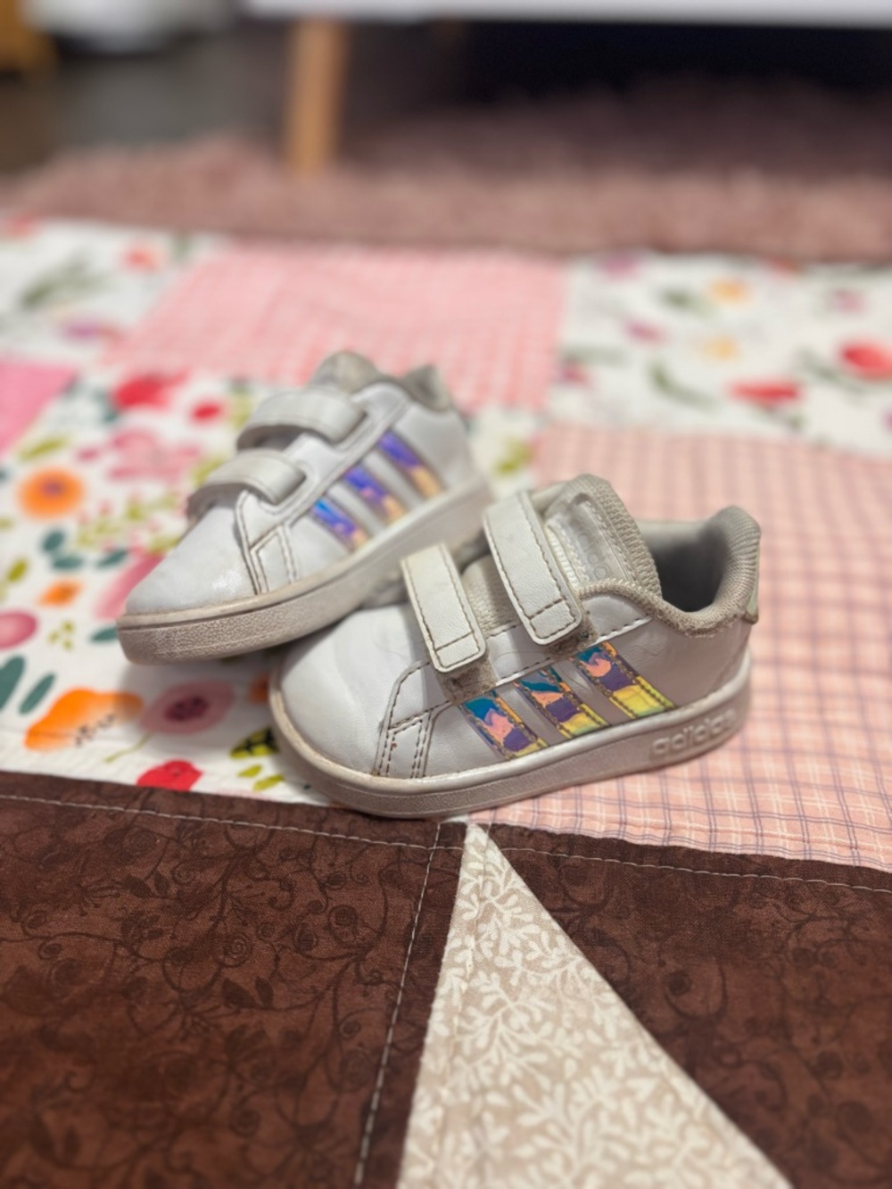 adidas Kids White Sneakers with Iridescent Side Stripes - Velcro